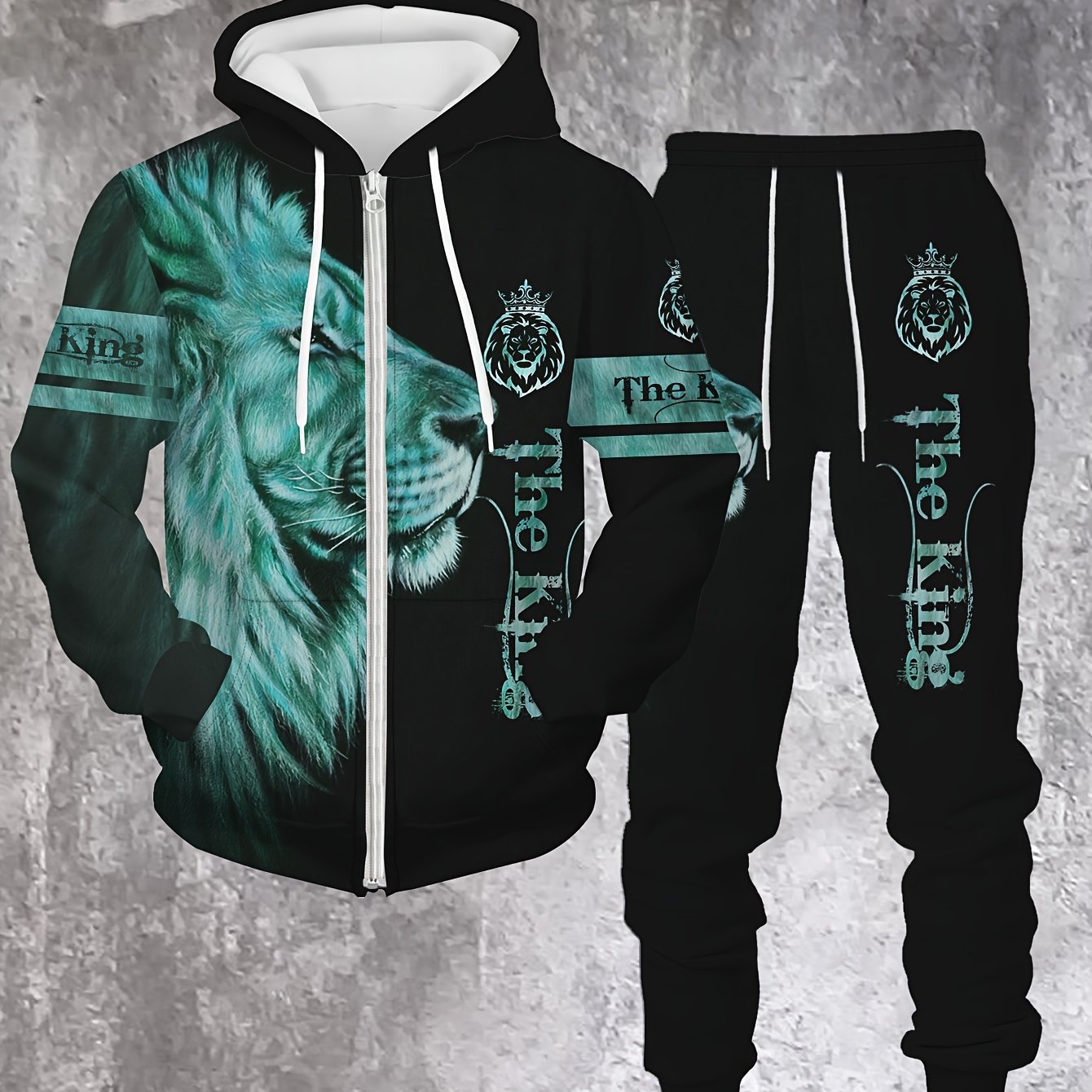 Men's Lion King Hoodie and Jogger Set Casual Polyester Loungewear with Lion Design