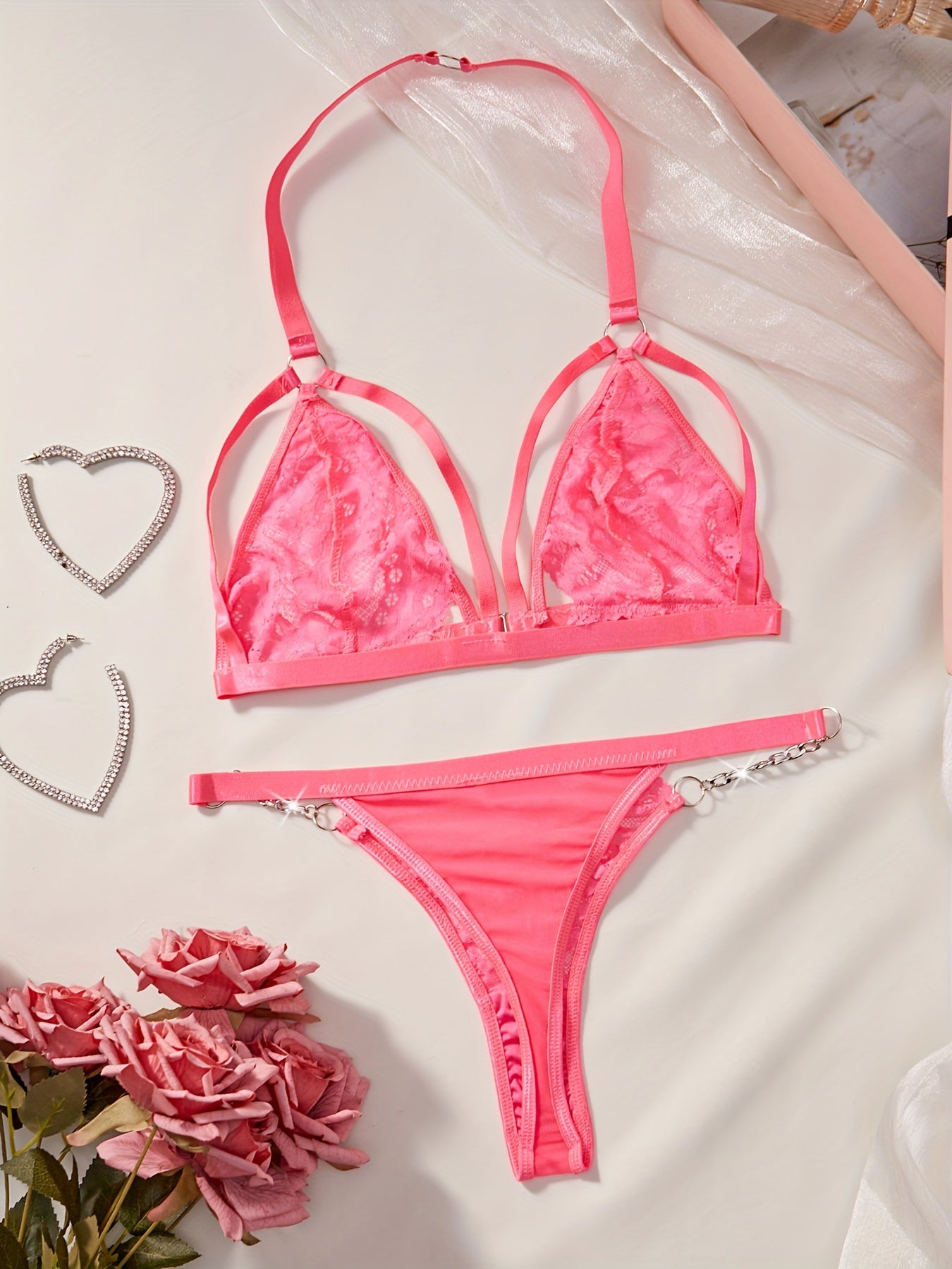 Lingerie Set with Lace and Metal Chain Detail for Women Romantic Boudoir Wear