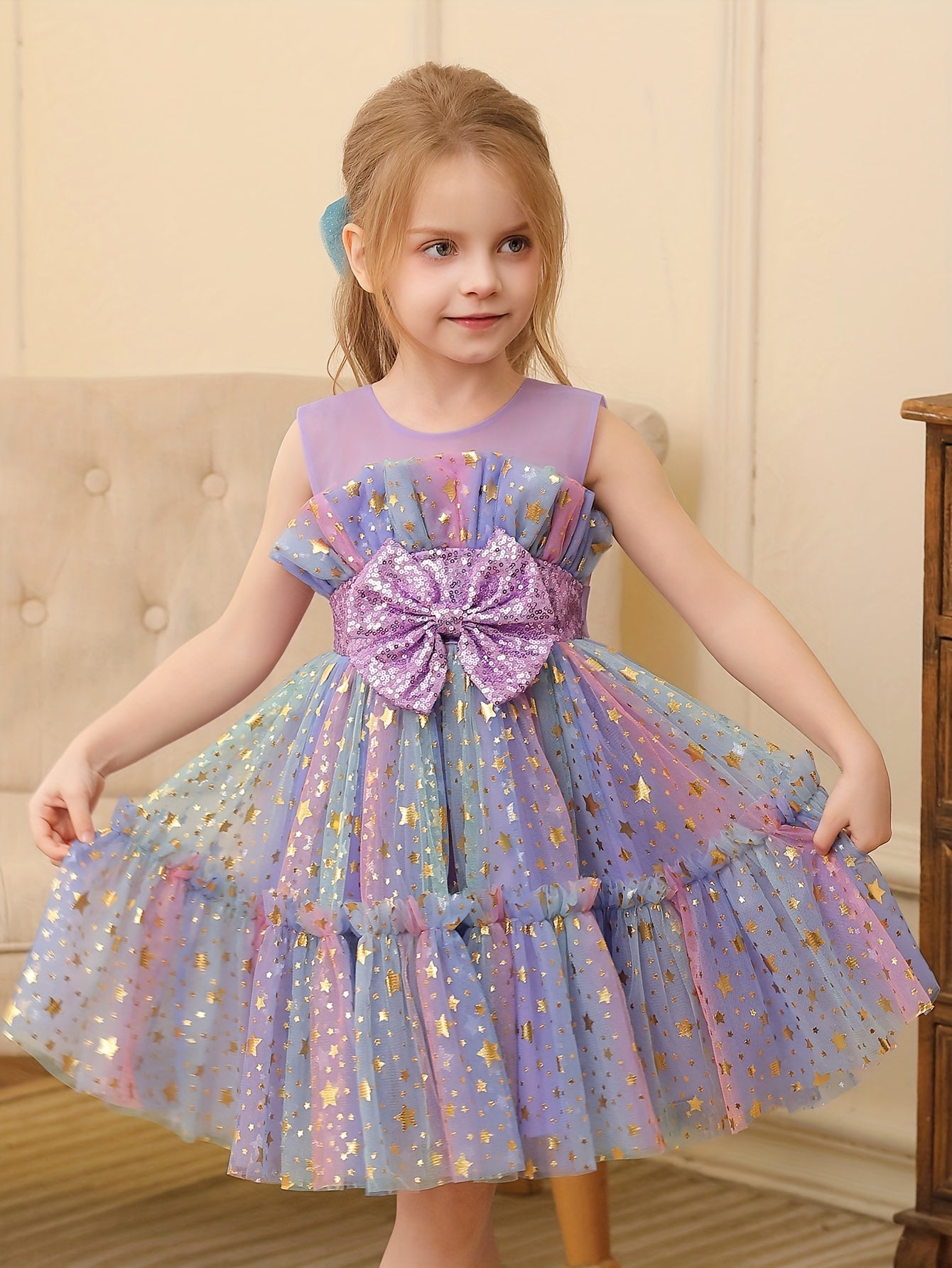 Girls Sequin Starry Sky Mesh Princess Dress with Bow for Birthday Parties