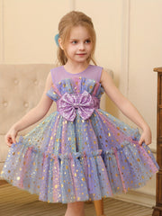 Girls Sequin Starry Sky Mesh Princess Dress with Bow for Birthday Parties