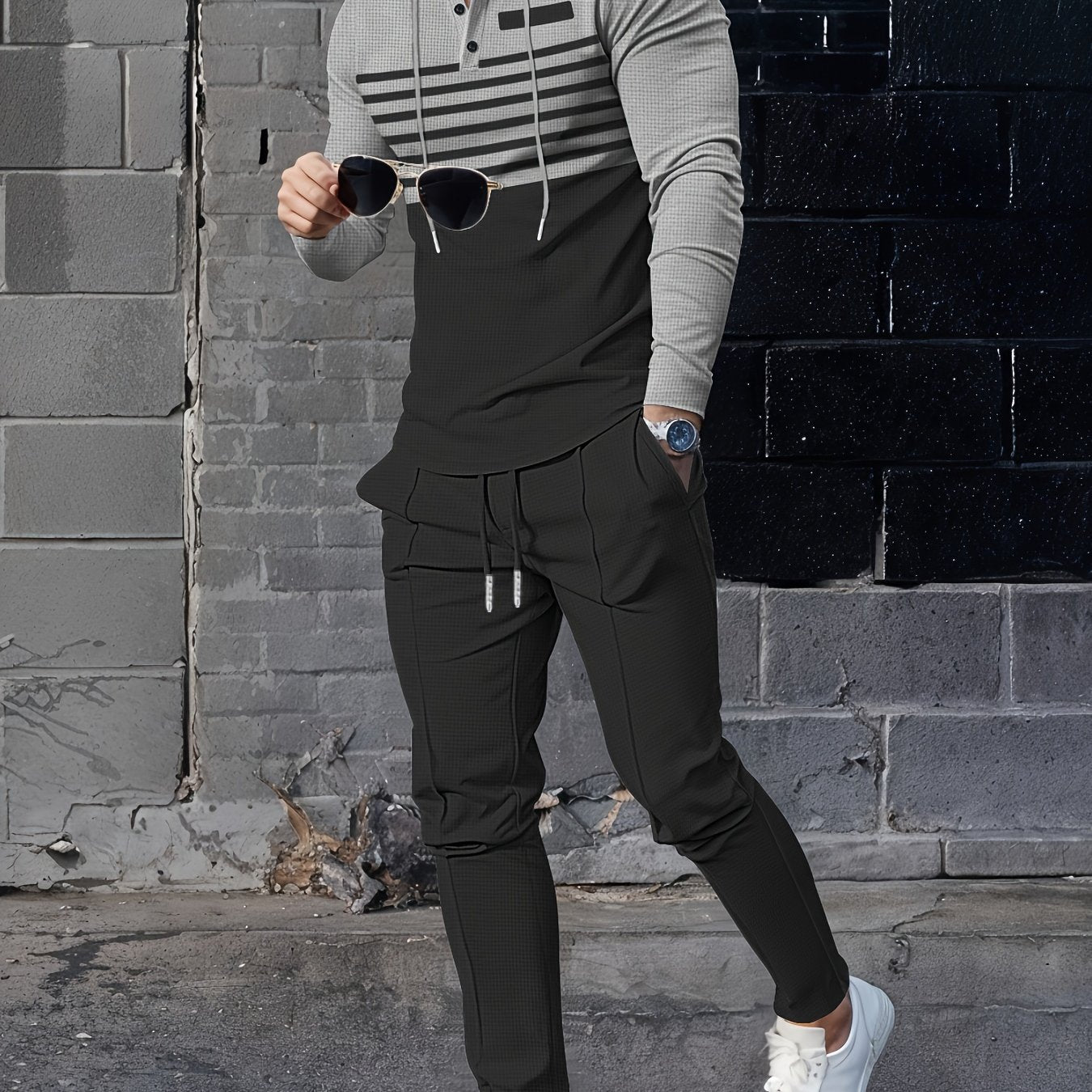 Autumn Waffle Striped Hooded Tracksuit Set for Outdoor Sports and Casual Wear