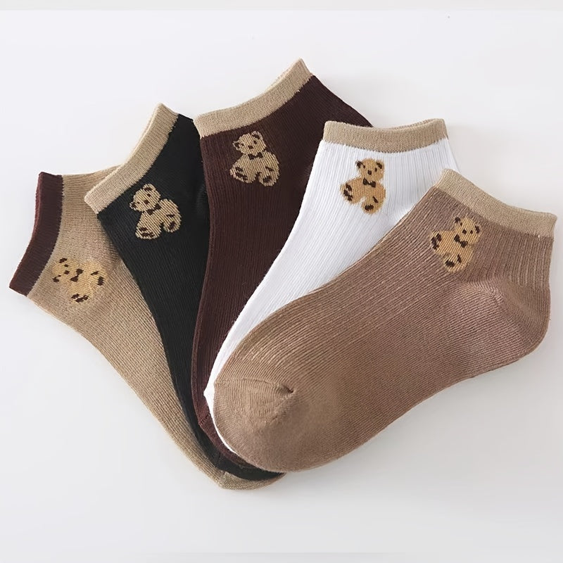 Women’s Low-Cut Ankle Socks 5-Pack with Teddy Bear Design Assorted Colors