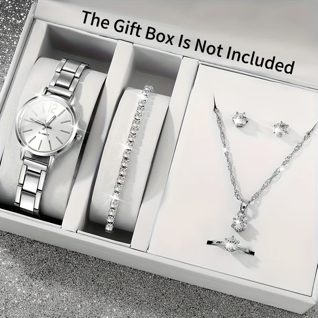 Women's Quartz Watch with Stainless Steel Band and Synthetic Gemstone Jewelry Set