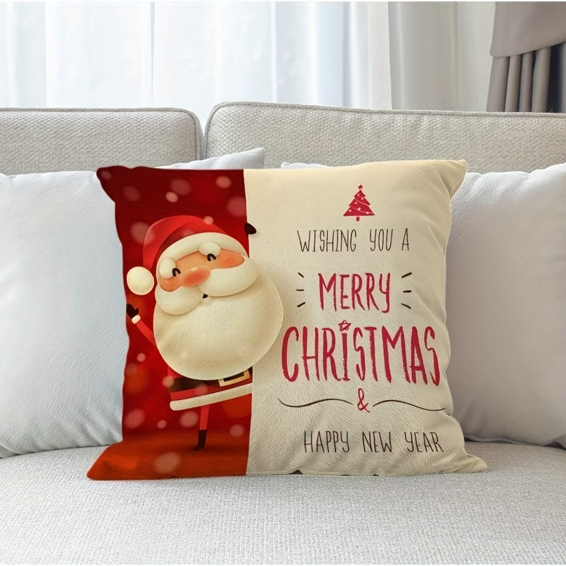 Christmas Santa Linen Pillowcase with Zipper, Festive Holiday Decor