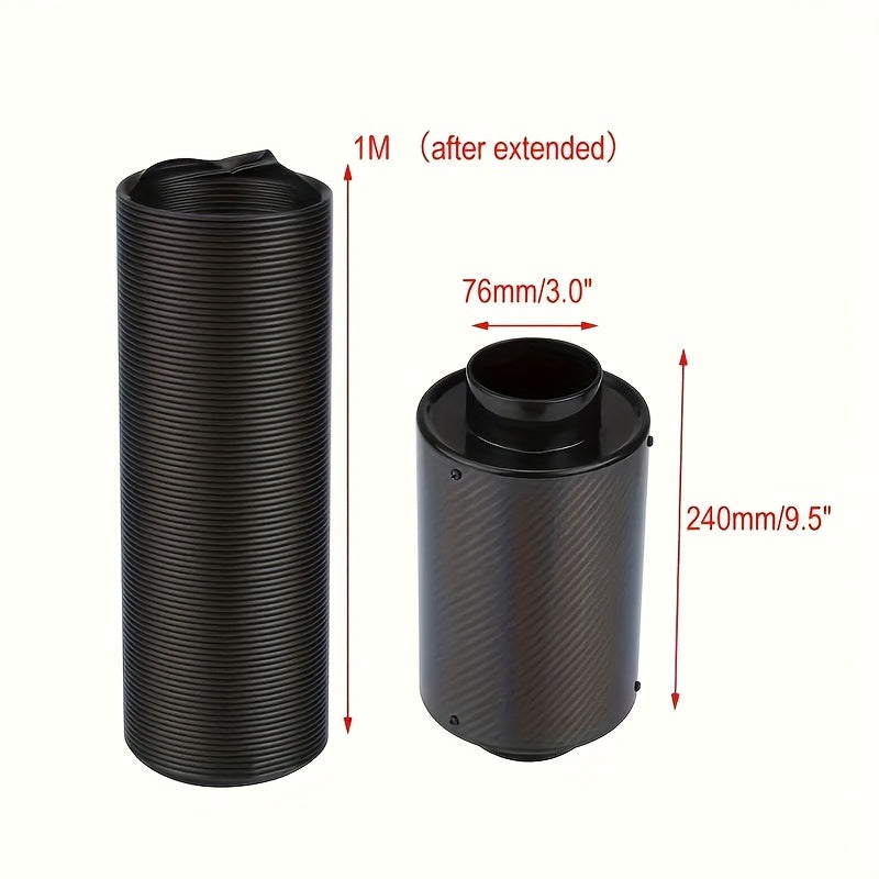 Universal Carbon Fibre Cold Air Intake Kit for Cars, 3-Inch Hose Adapter