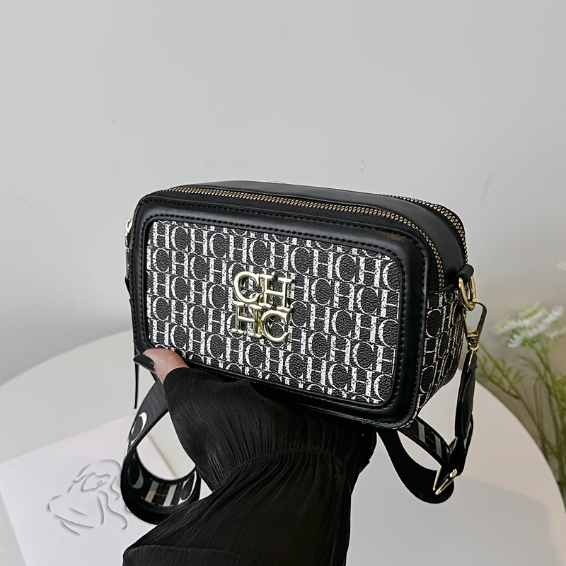 Korean Style Crossbody Bag with Contrast PU Shoulder Strap and Letter Print