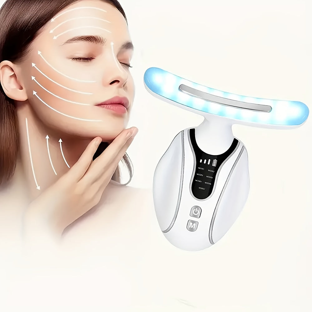 Oq qayta zaryadlanadigan yuz va bo'yin massajeri, bir nechta rejimlar, USB zaryadlash, litiy batareya va uyda foydalanish uchun ergonomik dizayn bilan. Yumshoq yostiqli sirt va bo'yin massaji kamarini o'z ichiga oladi.