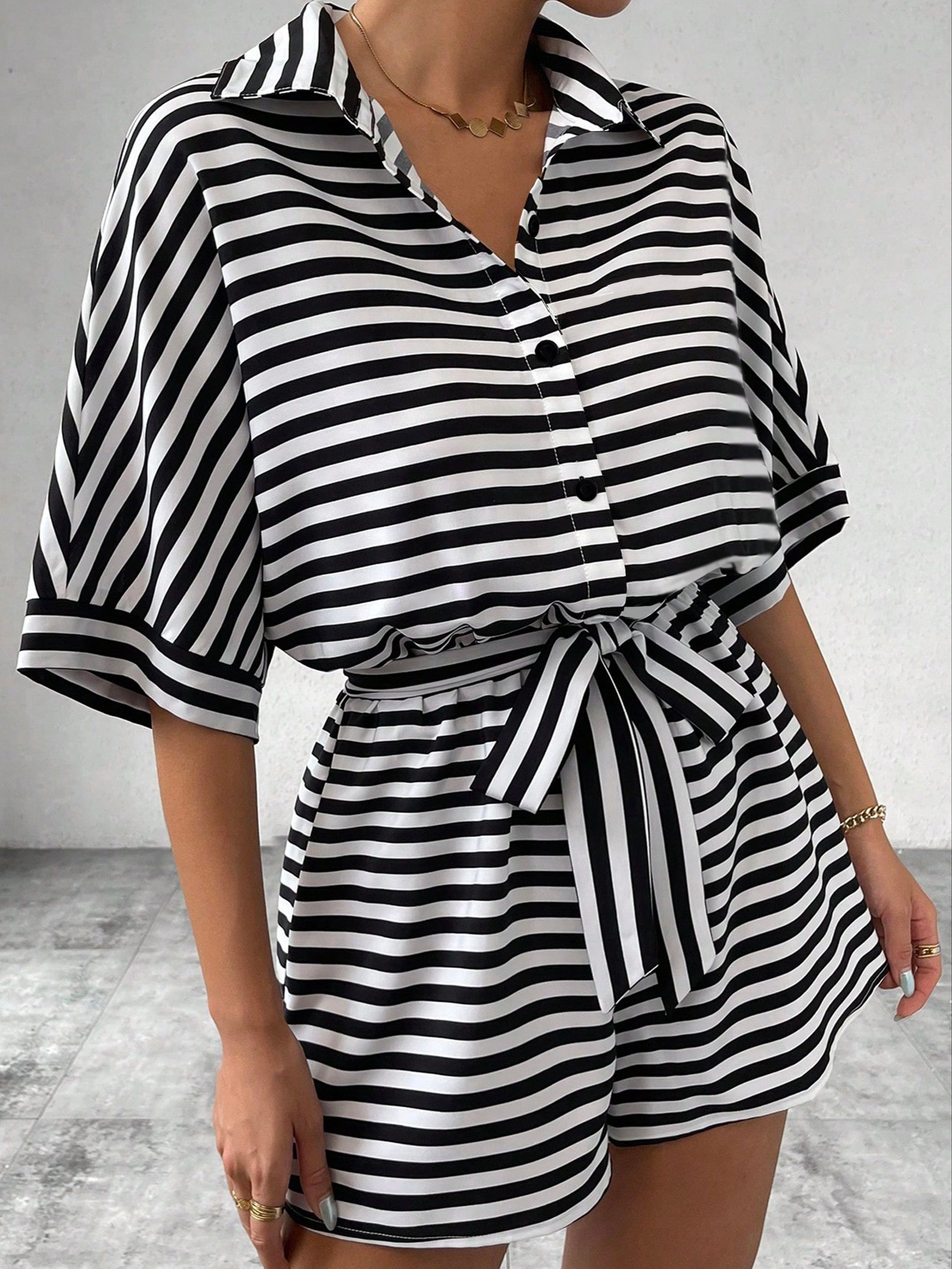Women's Striped Button Front Romper Jumpsuit with Belt Short Sleeve Spring Summer