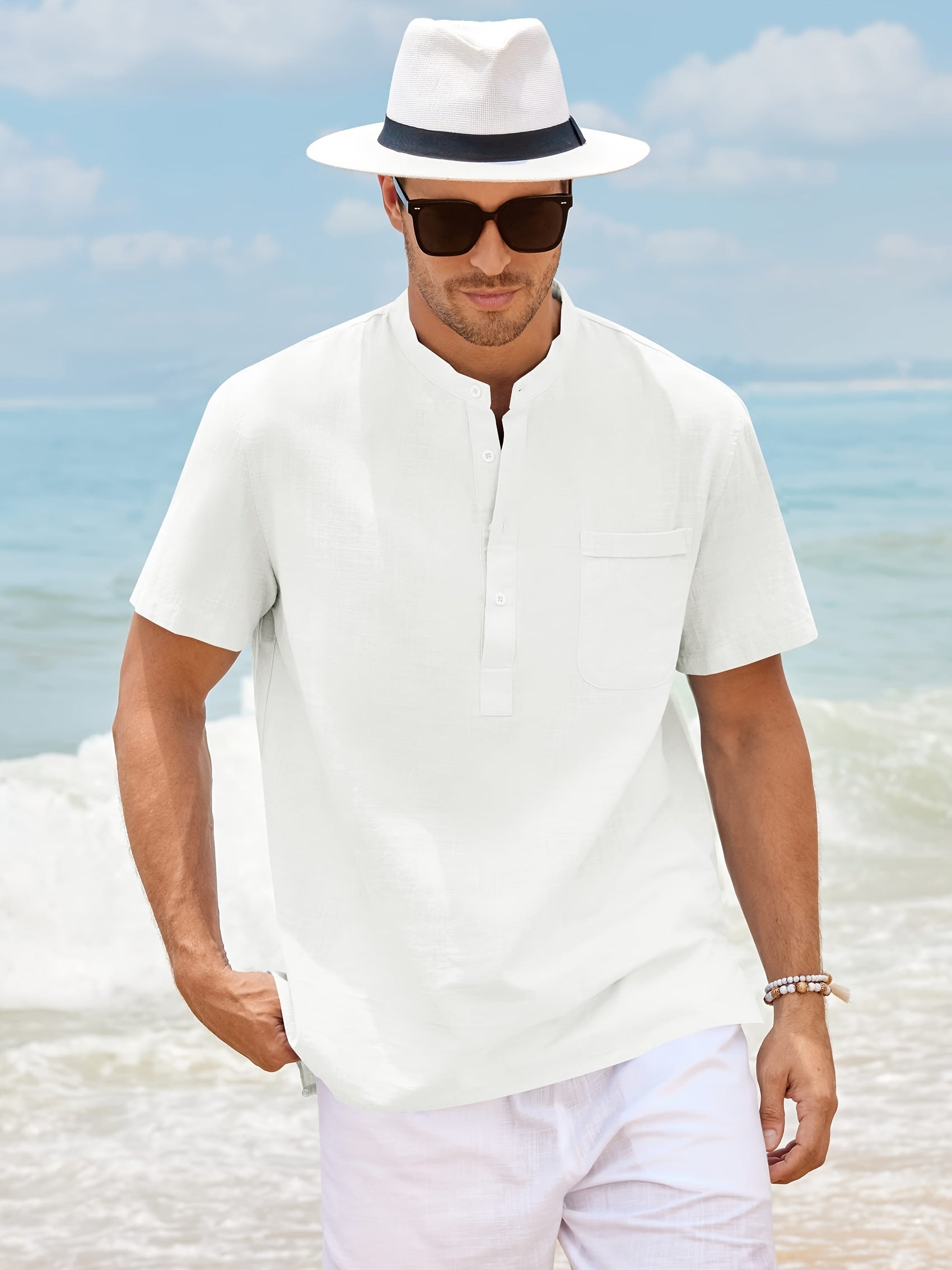 Men's Cotton Short Sleeve Shirt with Stand Collar and Pocket for Summer Beach Vacation