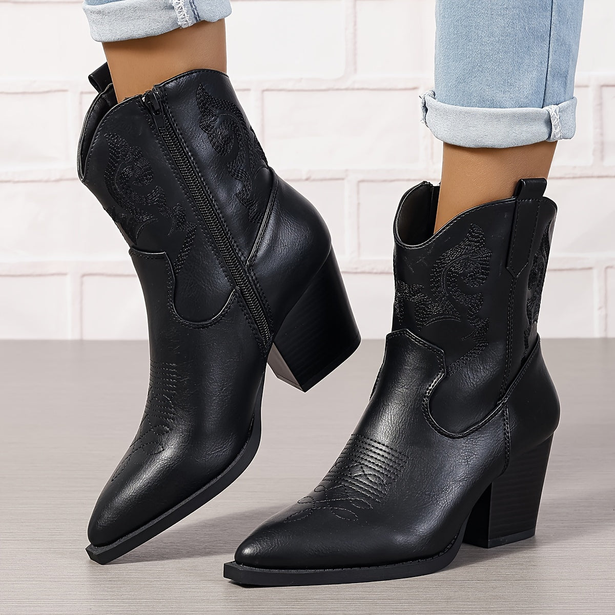 Женские ботинки на каблуке из искусственной кожи с цветочной вышивкой и молнией, черные