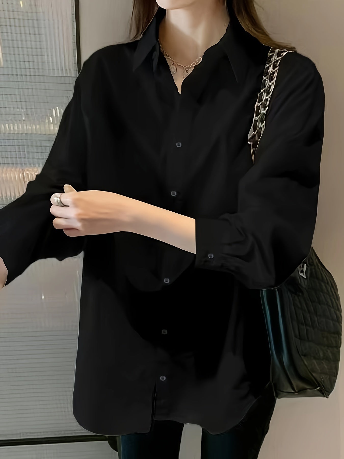 Women's Black Long Sleeve Shirt with Lapel Collar and Belly Support Casual Top