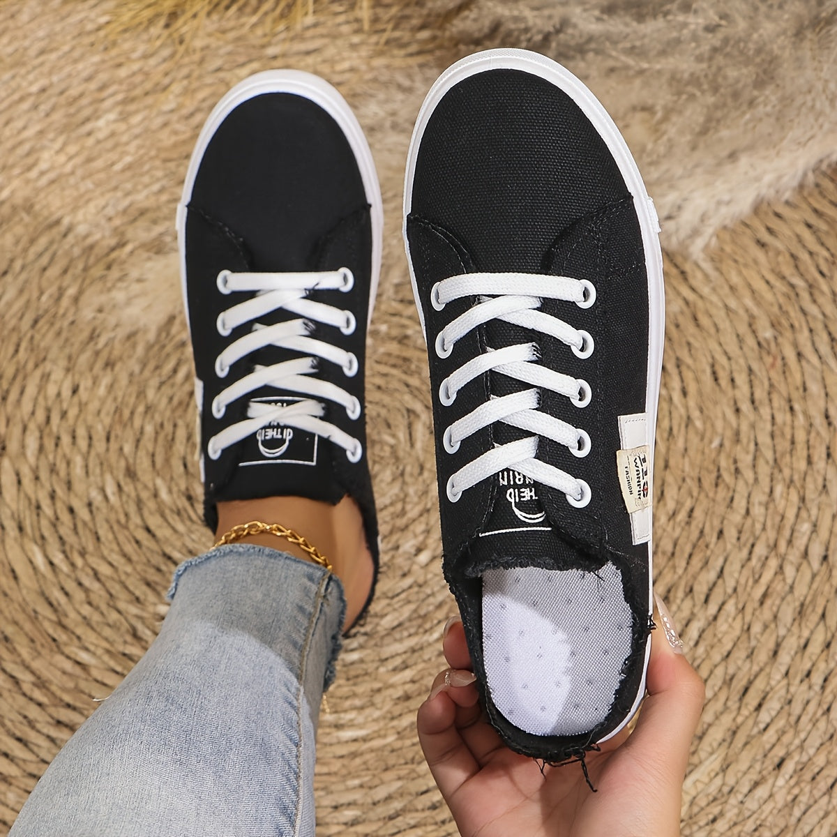 Women's Casual Solid Color Sneakers Black White Blue Brown Slip-On Lace-Up Shoes