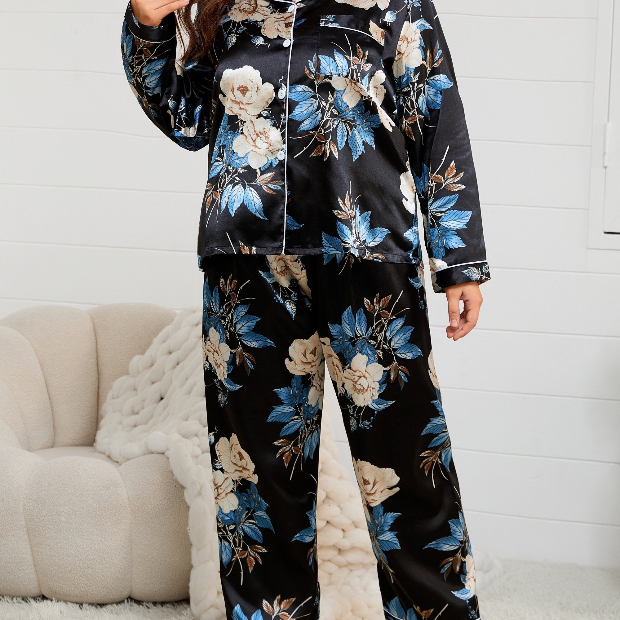 Ayollar uchun rang-barang uzun gullü kardigan pijama to'plami, katta o'lcham