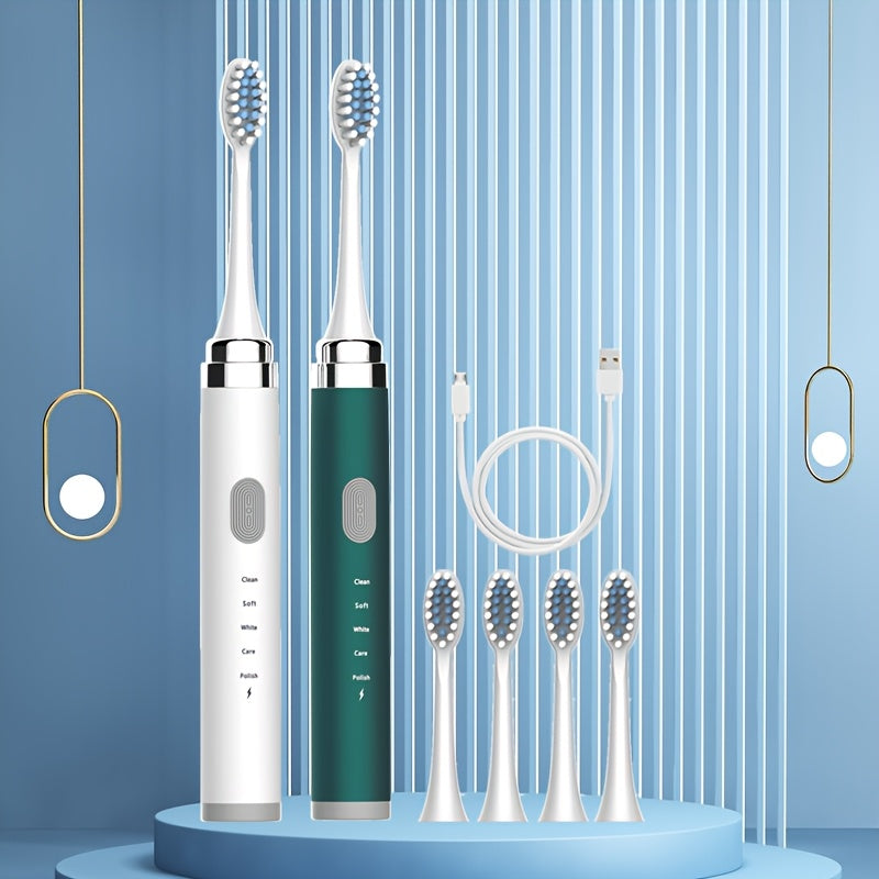 Electric Toothbrush Set 2pcs 5-Speed USB Rechargeable Soft Brush Heads Whitening