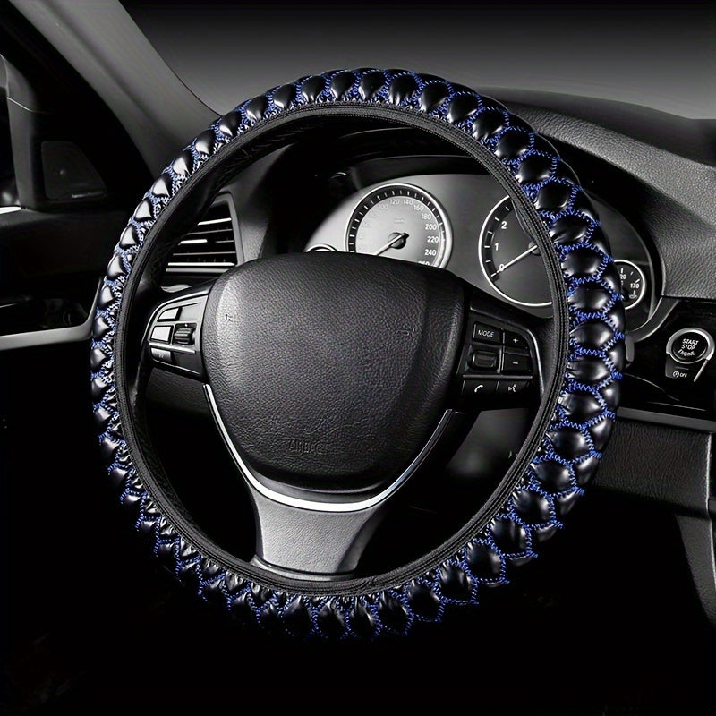 Embroidered Faux Leather Steering Wheel Cover Universal Fit Anti-Slip Durable Car Accessory