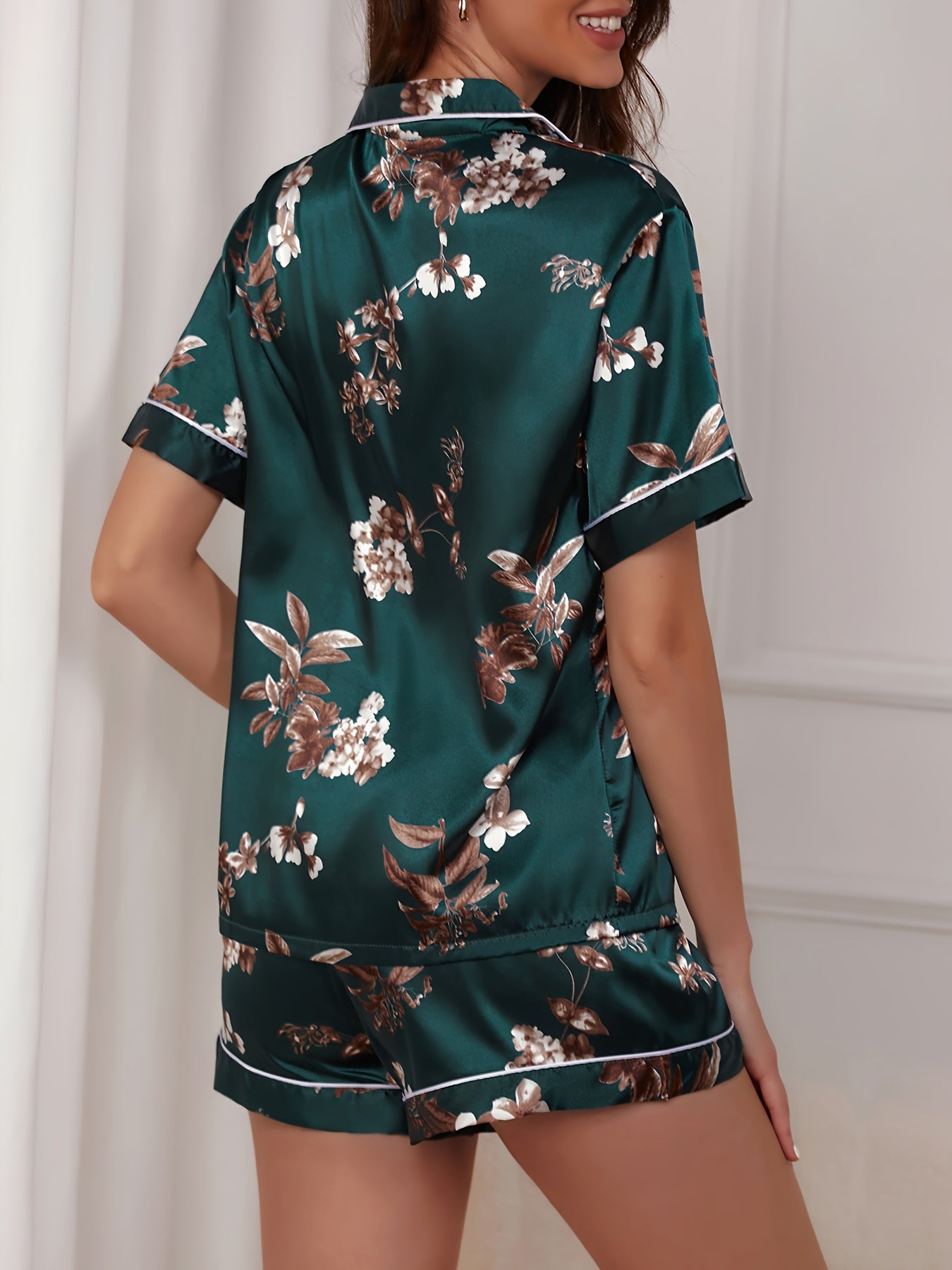 Butterfly Print Satin Pajama Set with Short Sleeves and Shorts for Adults