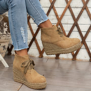 Women's Casual Lace-Up Ankle Boots with Woven Jute Platform Heel