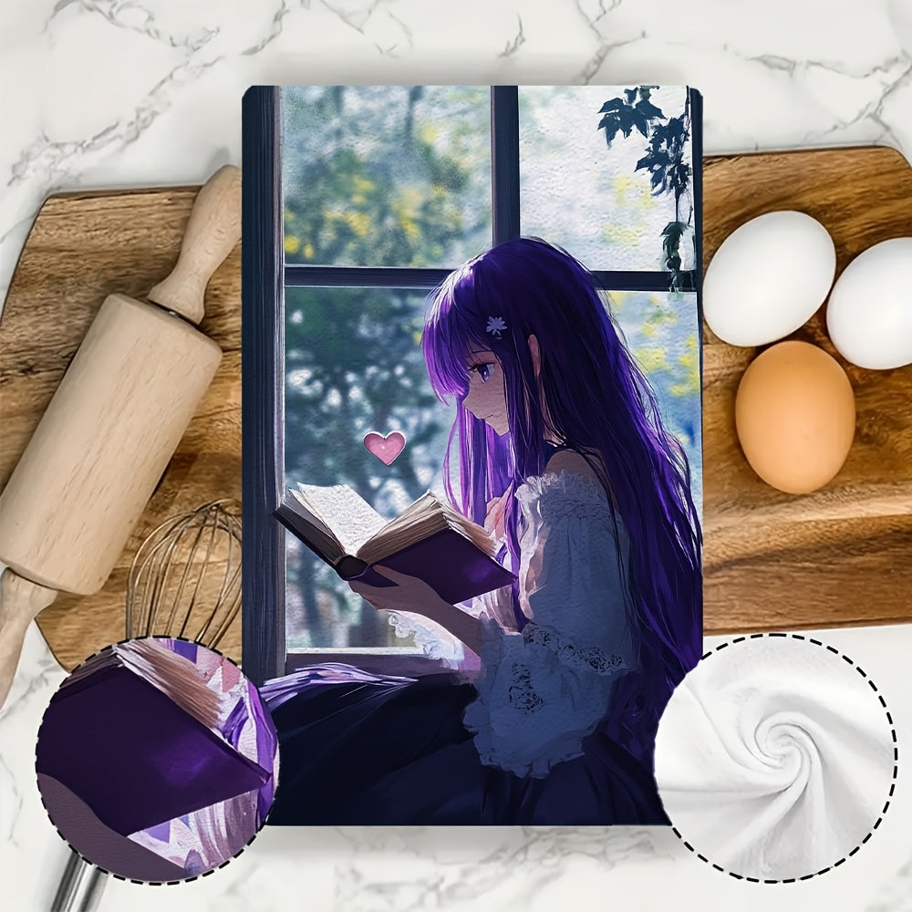 Set of 2 Ultra-Soft Kitchen Towels Anime Girl Purple Hair Absorbent Dish Towels