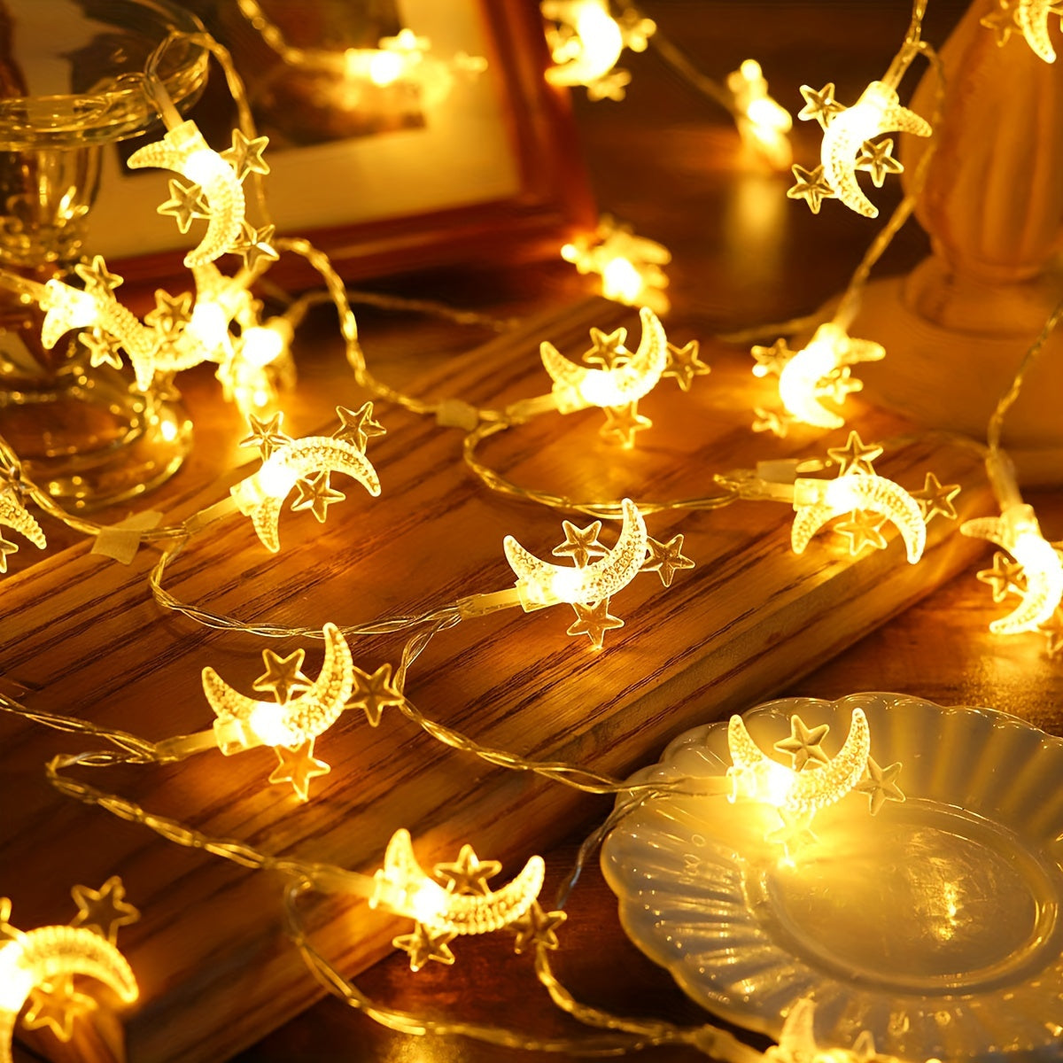 Battery Powered Star and Moon String Lights for Home Decor Indoor Festive Holiday Christmas Ramadan