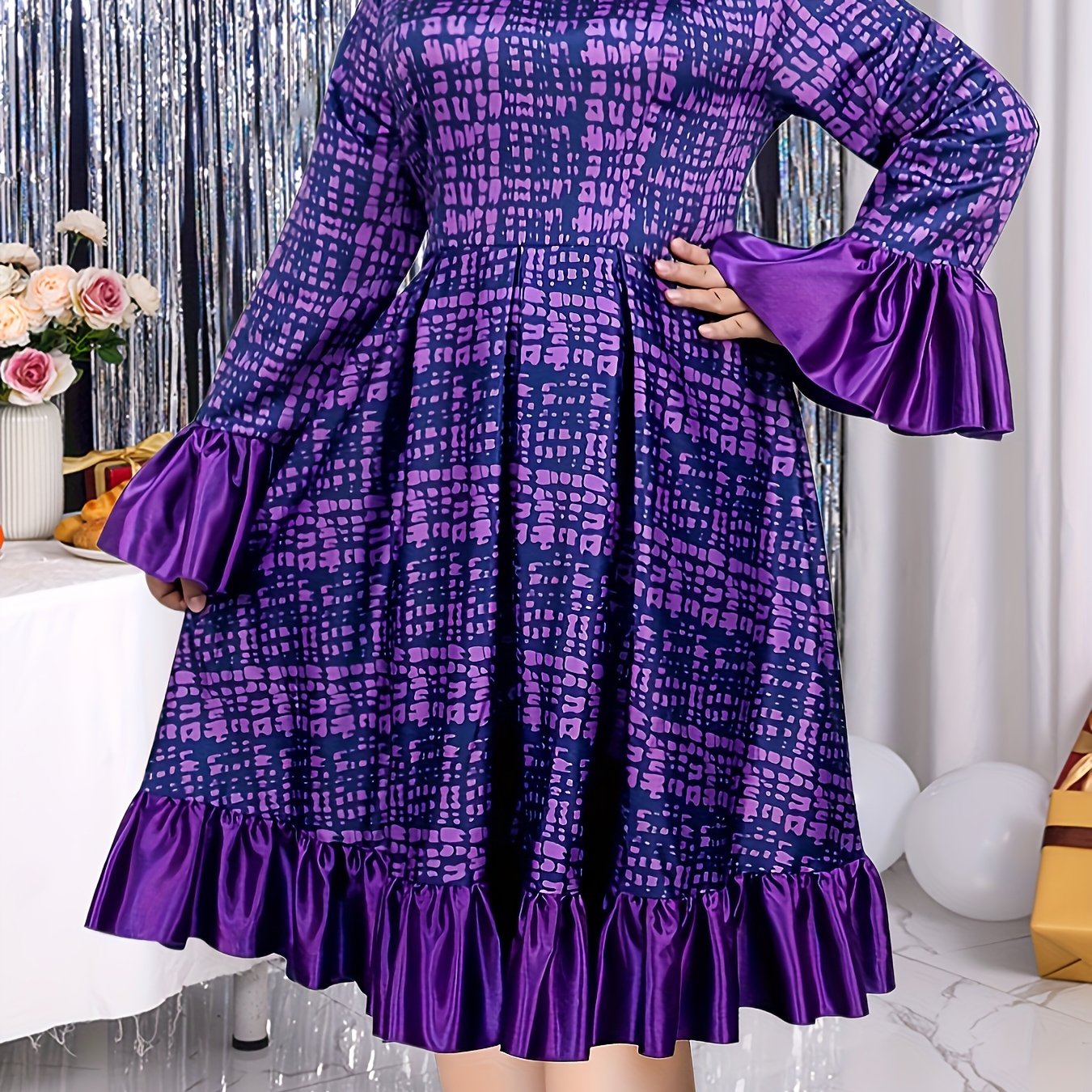 Plus Size Flutter Sleeve Midi Bridesmaid Dress Polyester Knit Plaid Fit and Flare