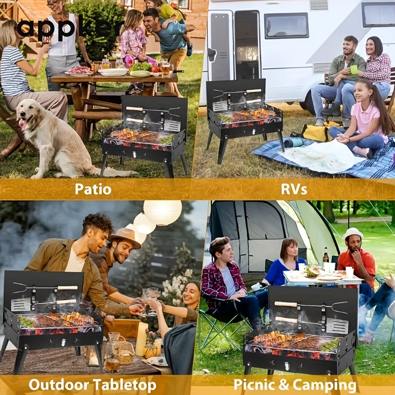 Portable Charcoal BBQ Grill Set with Foldable Cast Iron Design and Windproof Lid