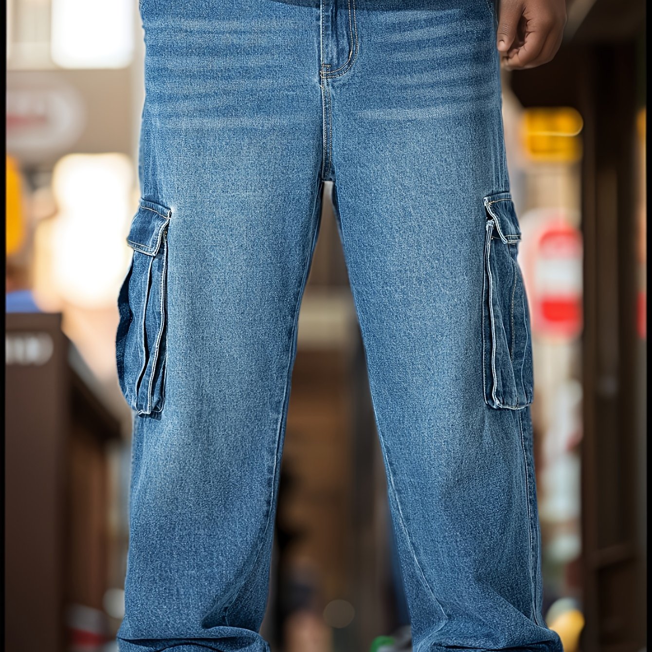 Plus Size Cargo Jeans for Men Loose Fit Straight Leg Non-Stretch Denim Casual Pants