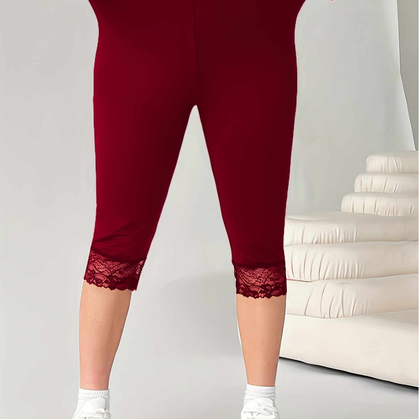 Women's Plus Size Black Capri Leggings with Lace Trim High Waist Stretchy