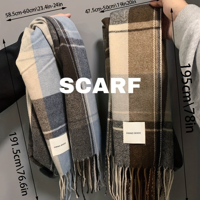 Men's Warm Plaid Fringe Hem Scarf for Autumn Winter Gift