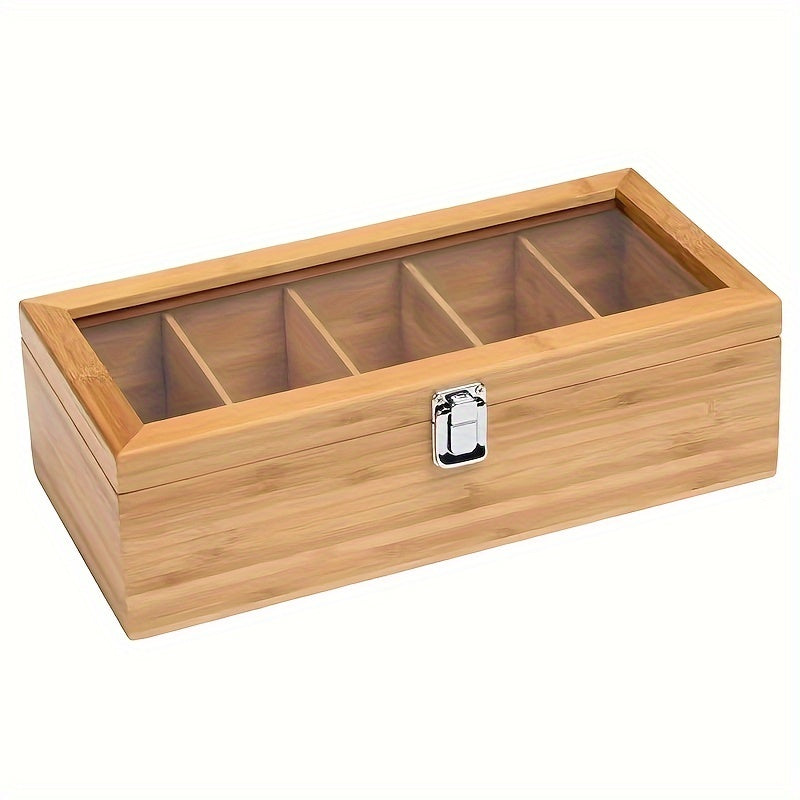 Bamboo Tea Bag Organizer Storage Box with Clear Lid Coffee and Teabag Compartments