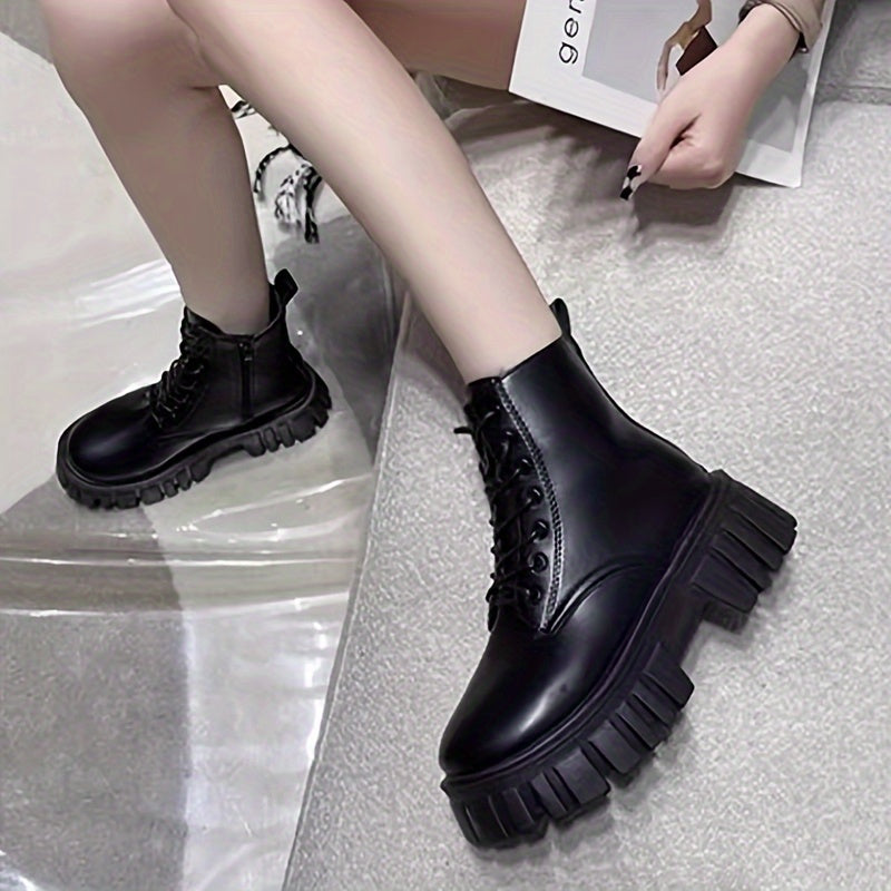 Women's Mid-Calf Combat Boots Lace-Up Platform Sole Black White