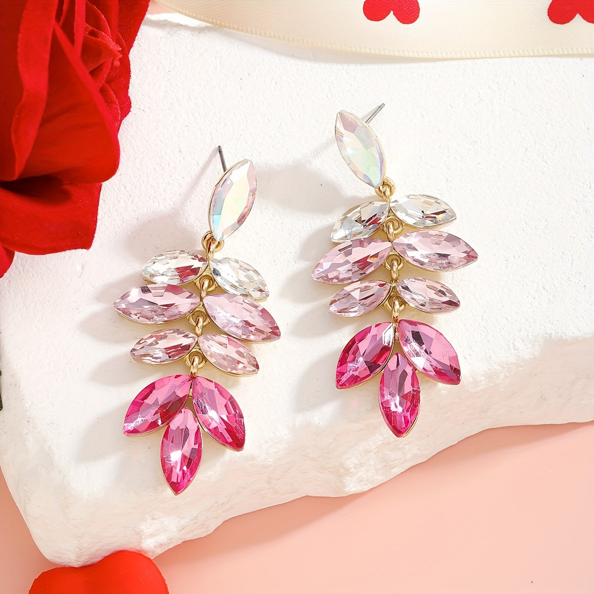 Pink Rhinestone Flower Heart Dangle Earrings for Women Jewelry Gift