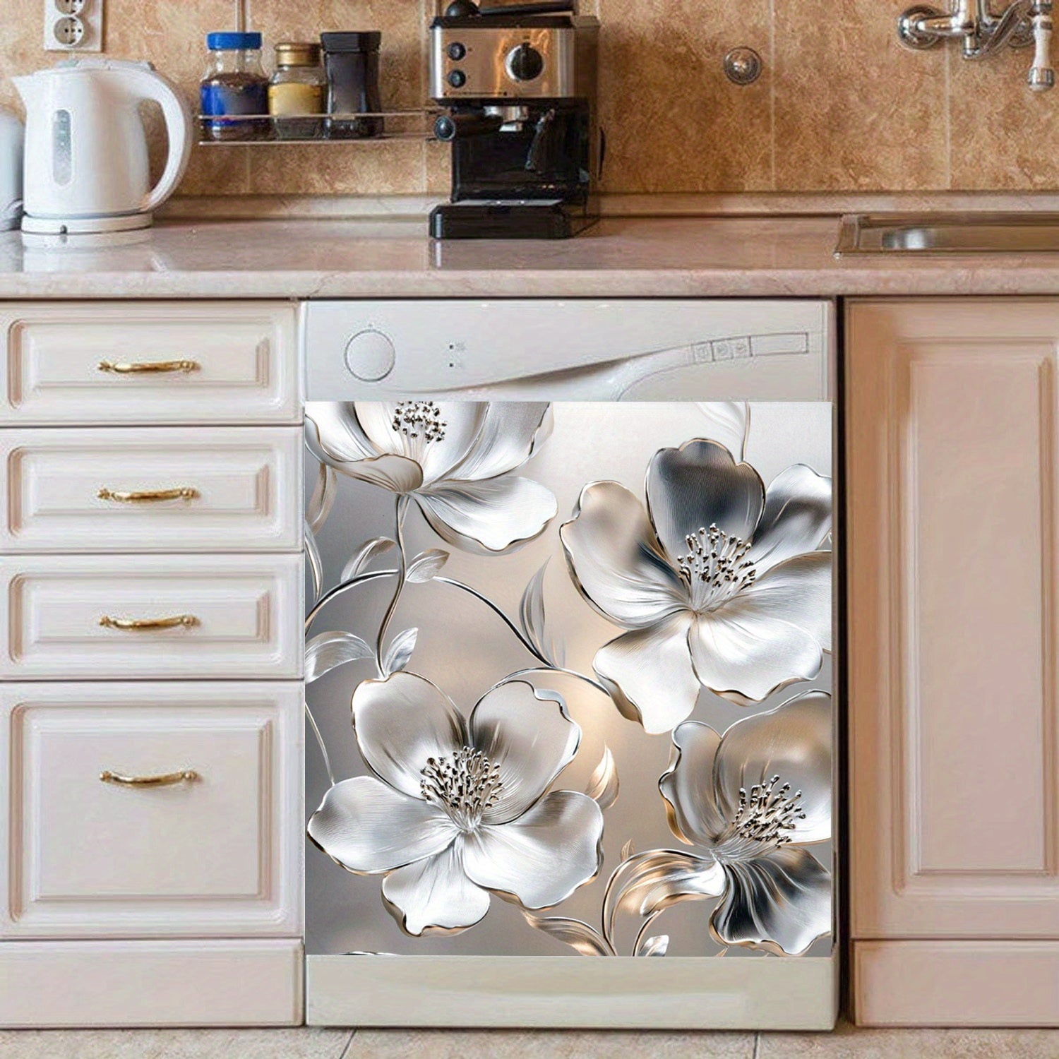 Серебристая 3D-цветочная магнитная крышка для посудомоечной машины, водонепроницаемая, термостойкая, 58,5x65 см