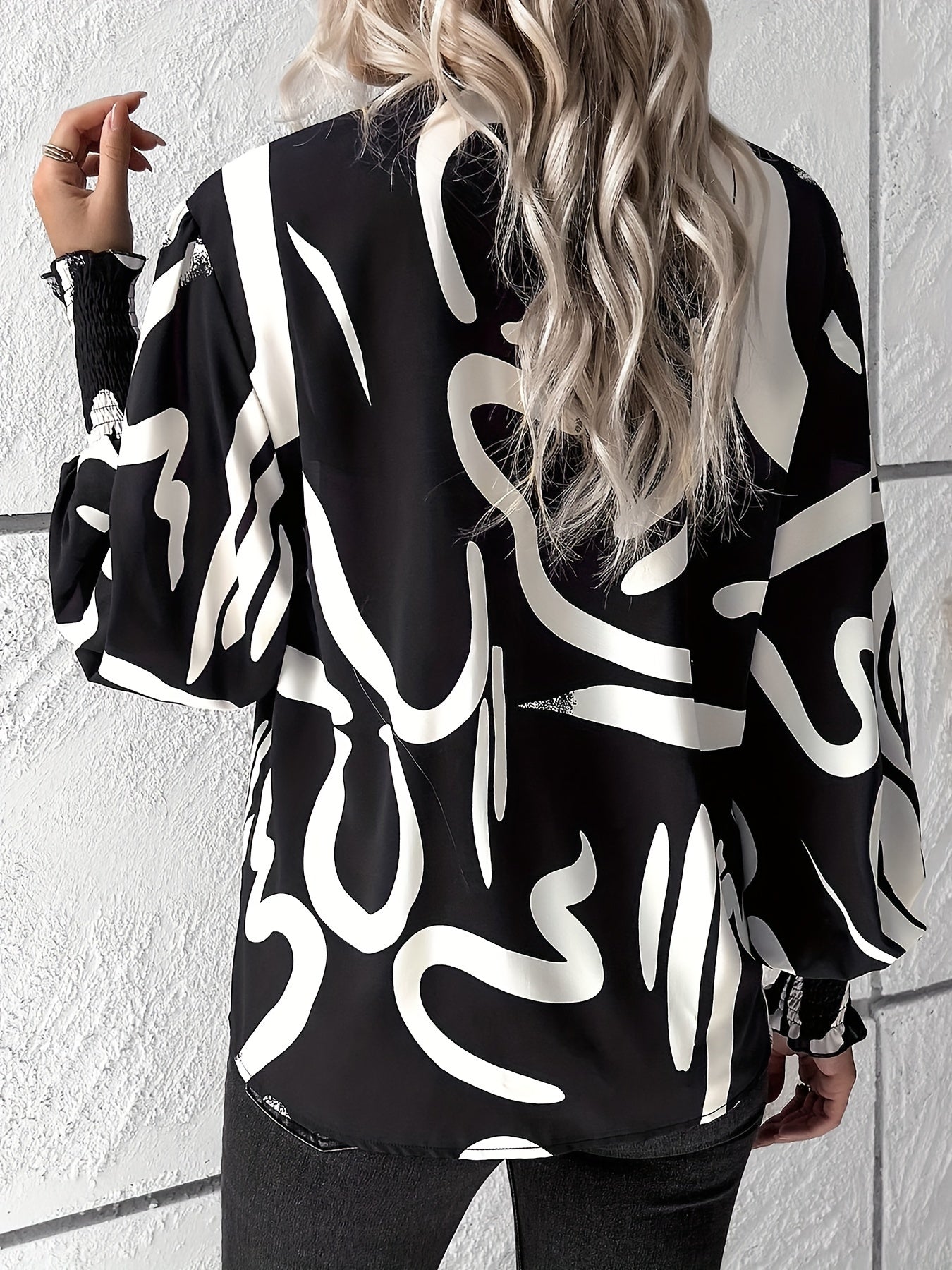 Plus Size Geometric Print Button Front Shirt Long Sleeve Spring Fall Womens Clothing