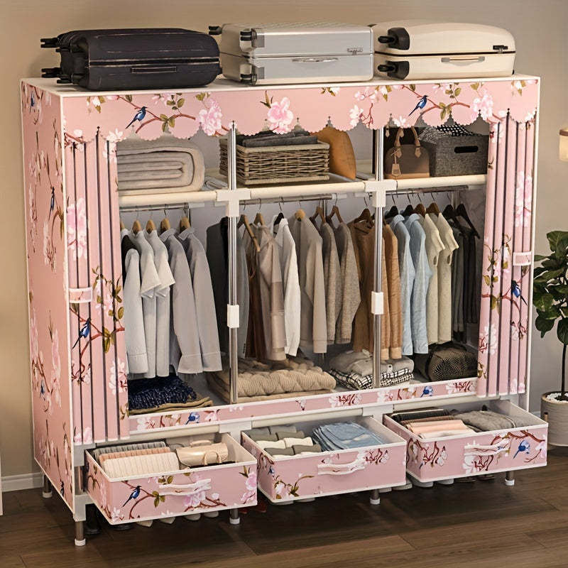 Минималистичный стальной шкаф с 6 полками, 3 ящиками и вешалкой