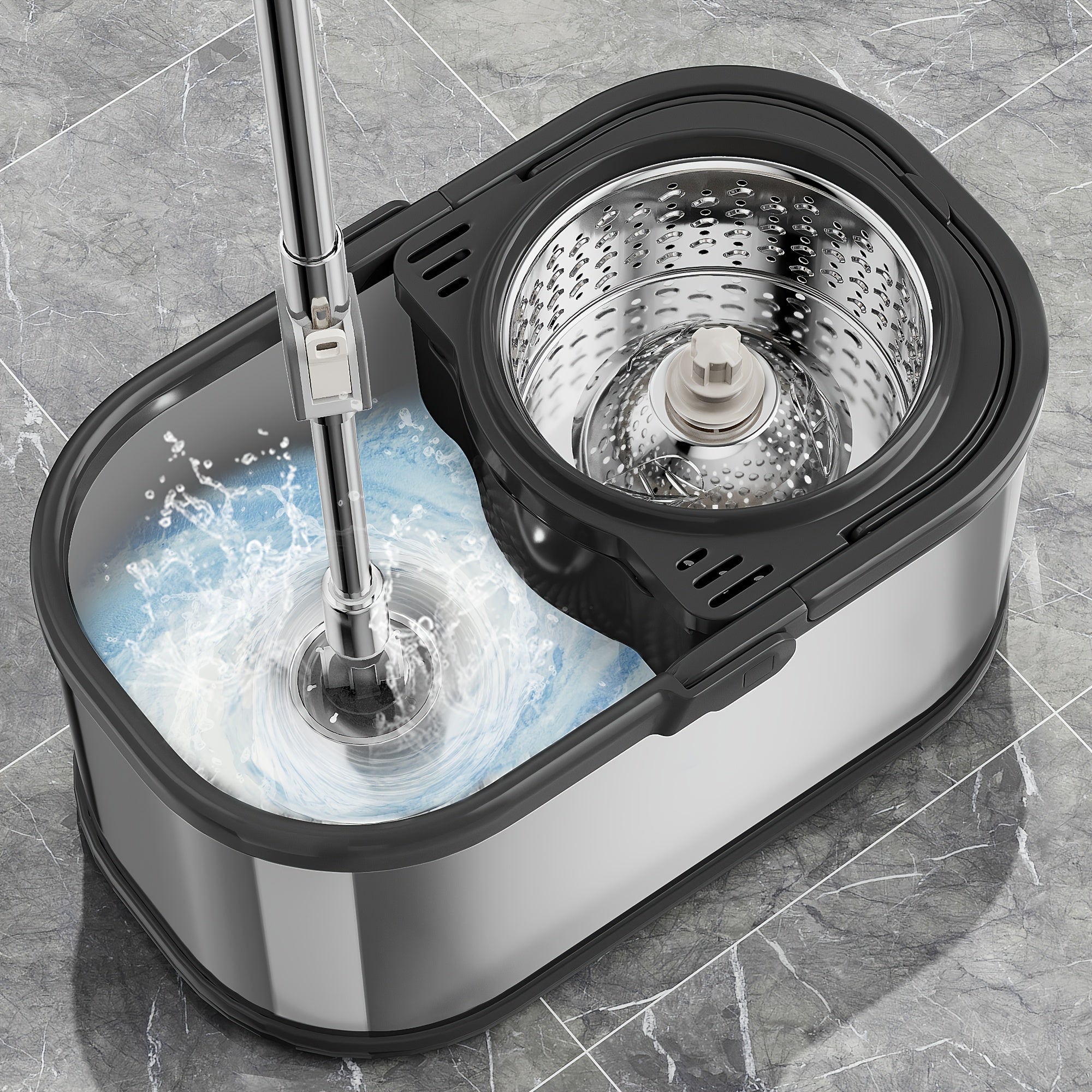 Aylanadigan Mop Chekasi - Uy oshxona pollarini tozalash uchun ideal - Qattiq va plitka yuzalarida quruq yoki nam holda ishlatilishi mumkin - 2 ta qayta ishlatiladigan super nozik tolali mop boshliqlari bilan birga keladi