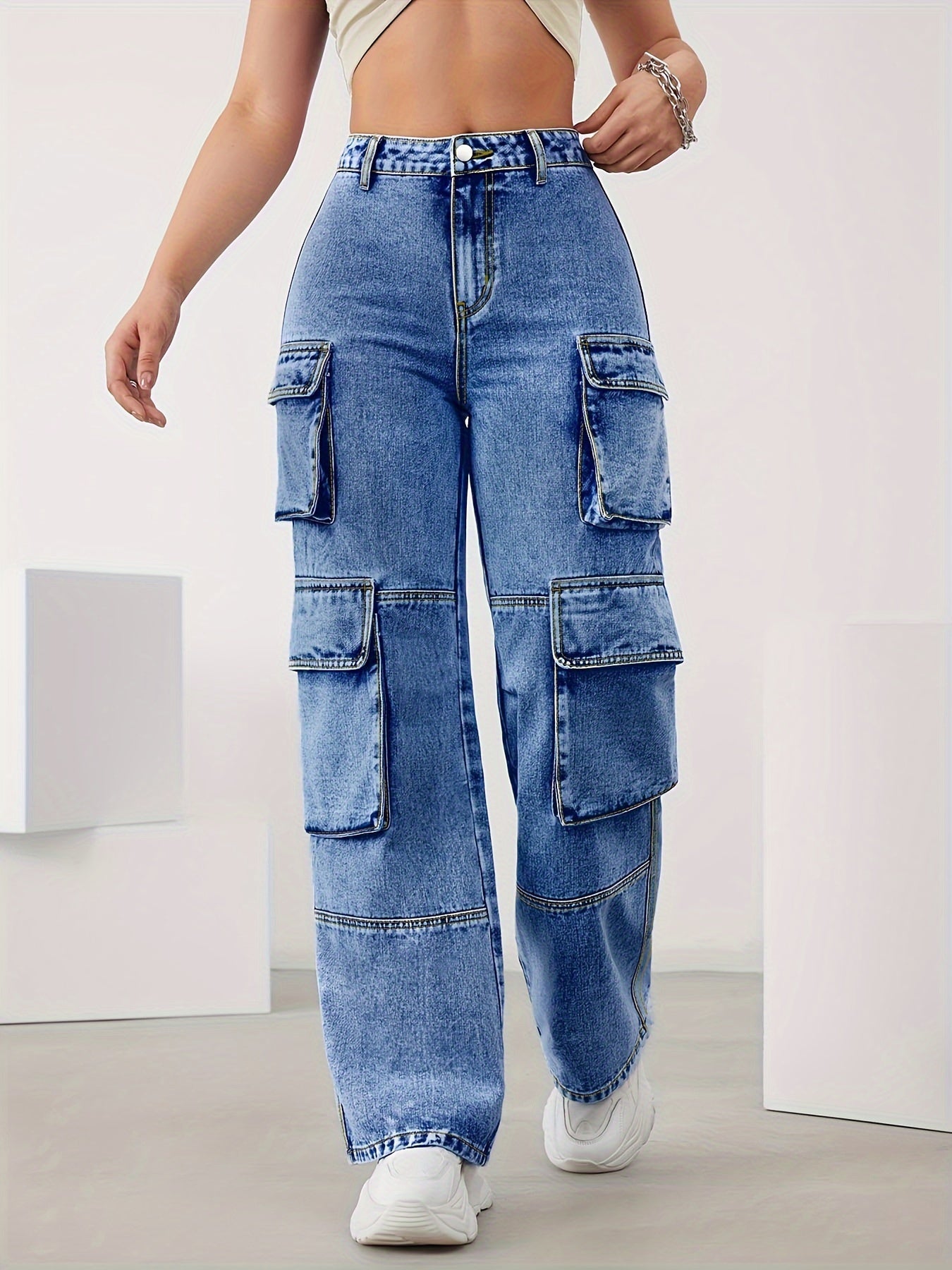 Jeans cargo de talle alto para mujer talla plus con múltiples bolsillos y denim elástico