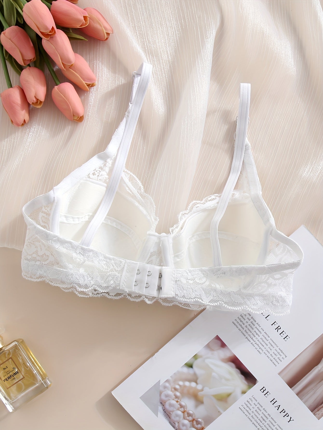 Lace Underwire Bra Medium Support Non-Removable Padding Solid Color Bow Detail Women’s Lingerie