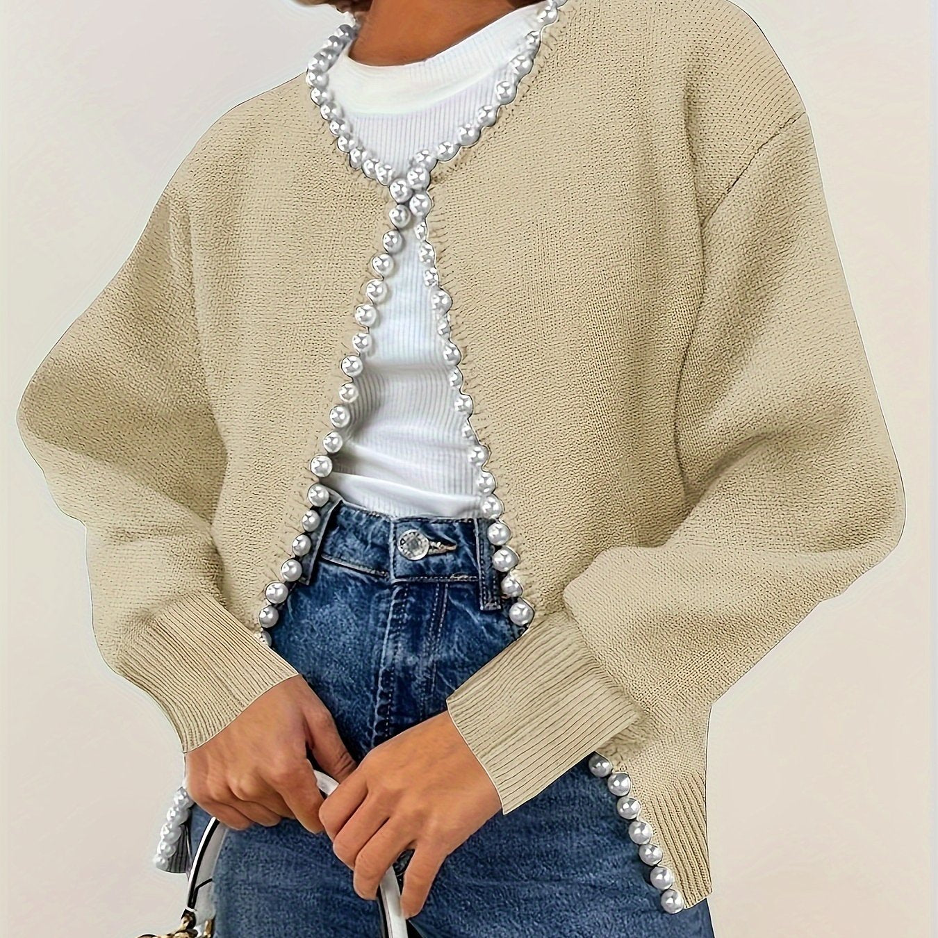 Cárdigan corto para mujer de talla grande con perlas, blanco, suéter de manga larga