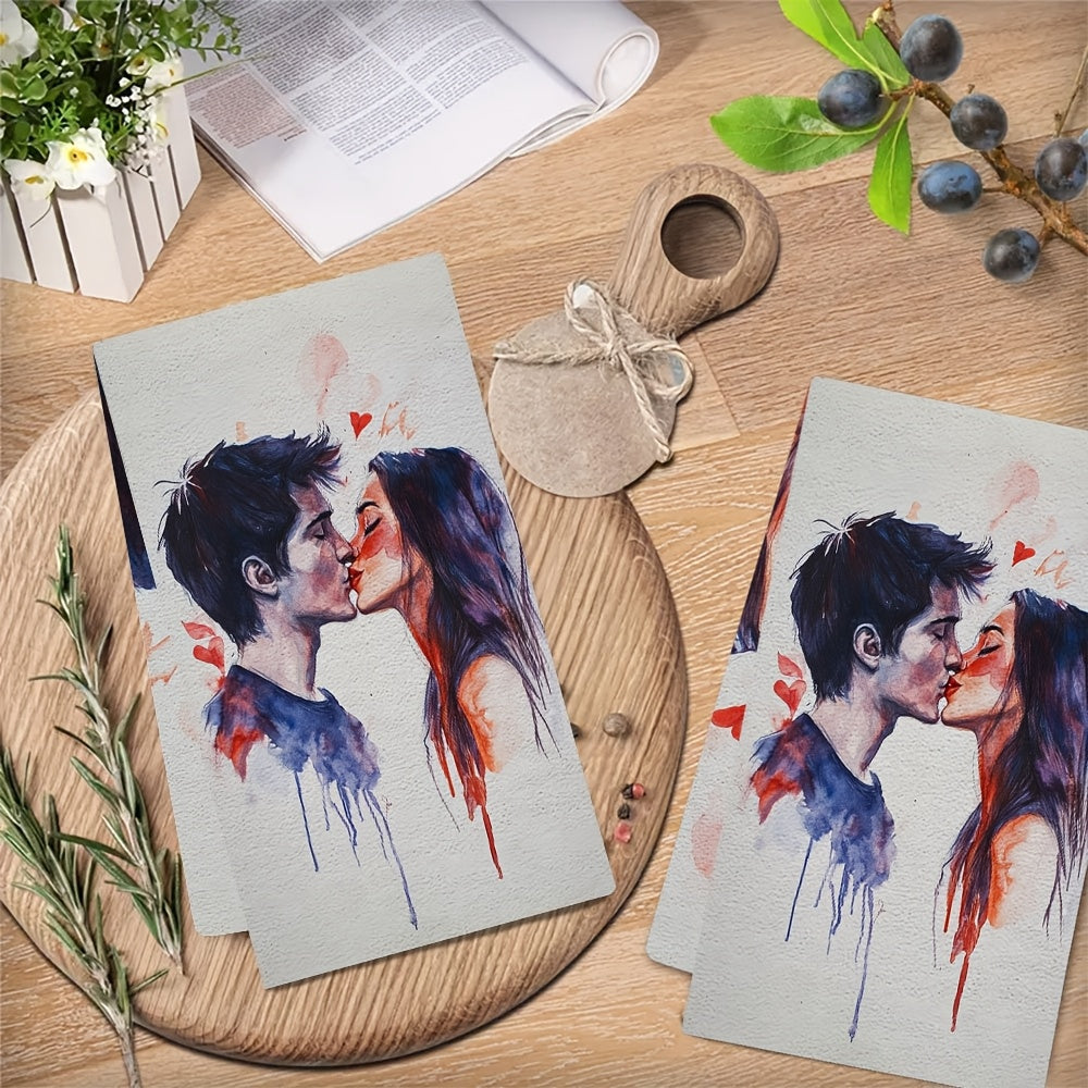 Set Of 2 Valentine Kiss Kitchen Towels, Ultra-Soft, Absorbent, 16x24 Inches