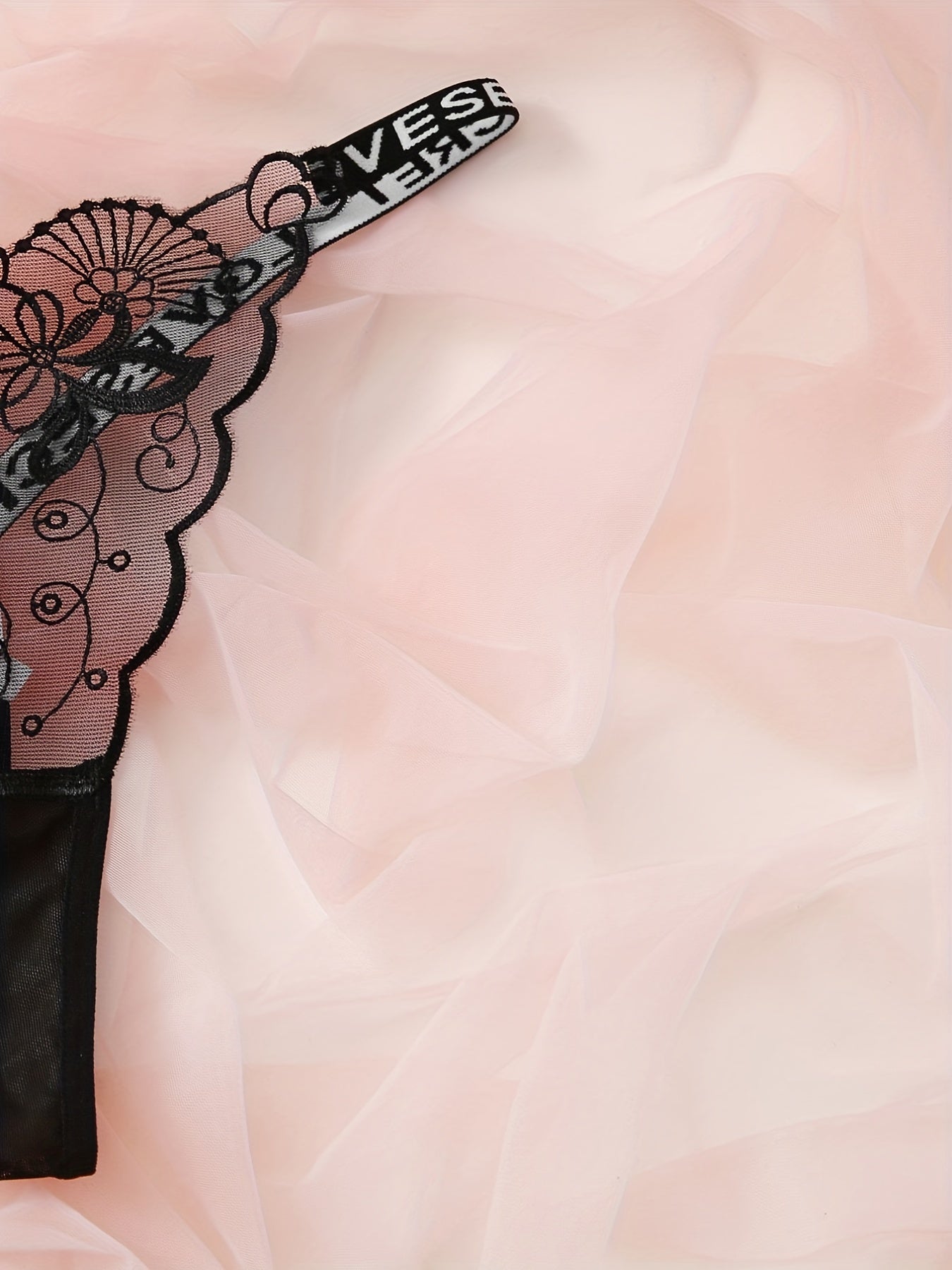 Women's Floral Lace Mesh Thongs Set with Sheer Letter Tape 3-Pack