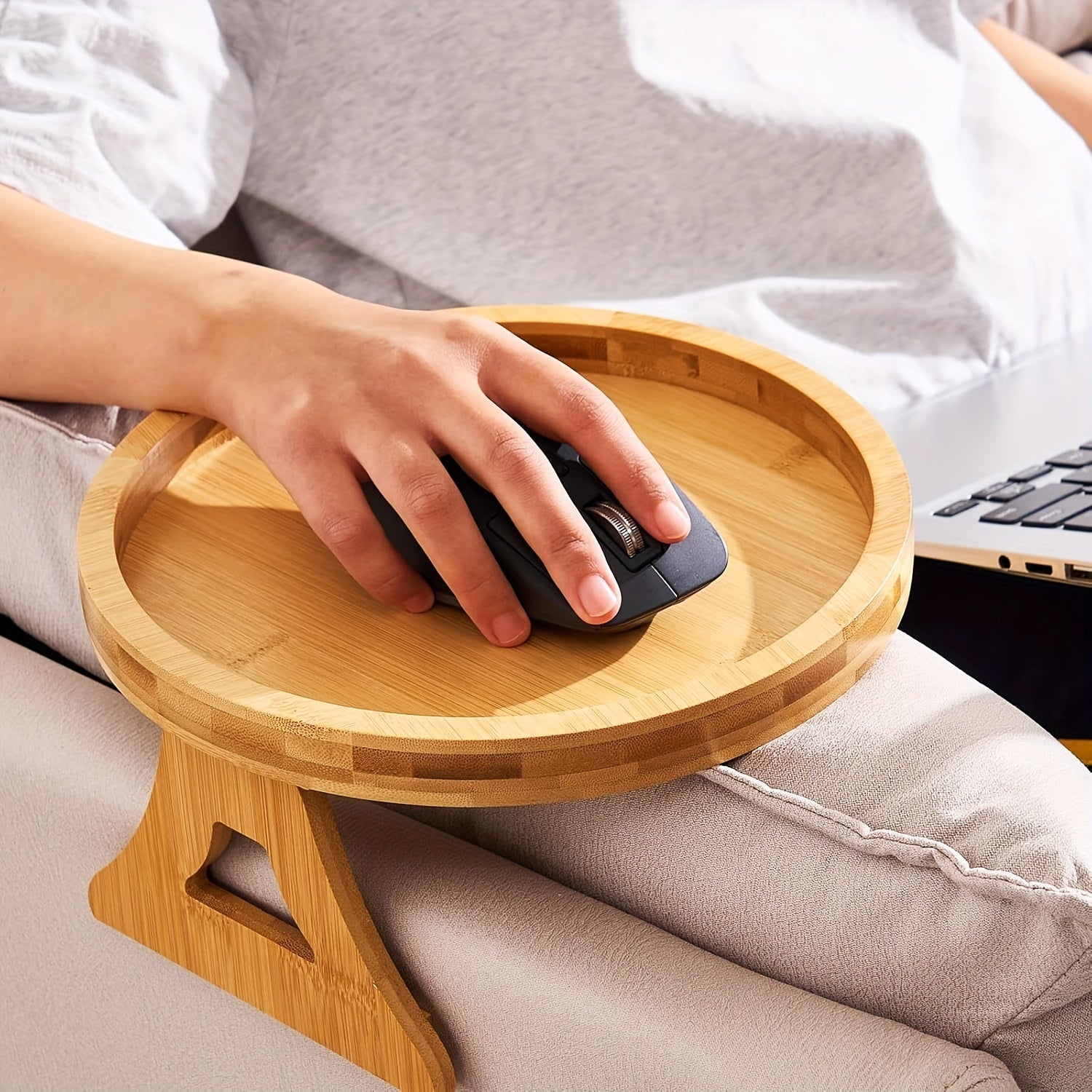 Clip-On Bamboo Sofa Armrest Tray Table for Drinks Snacks Remotes
