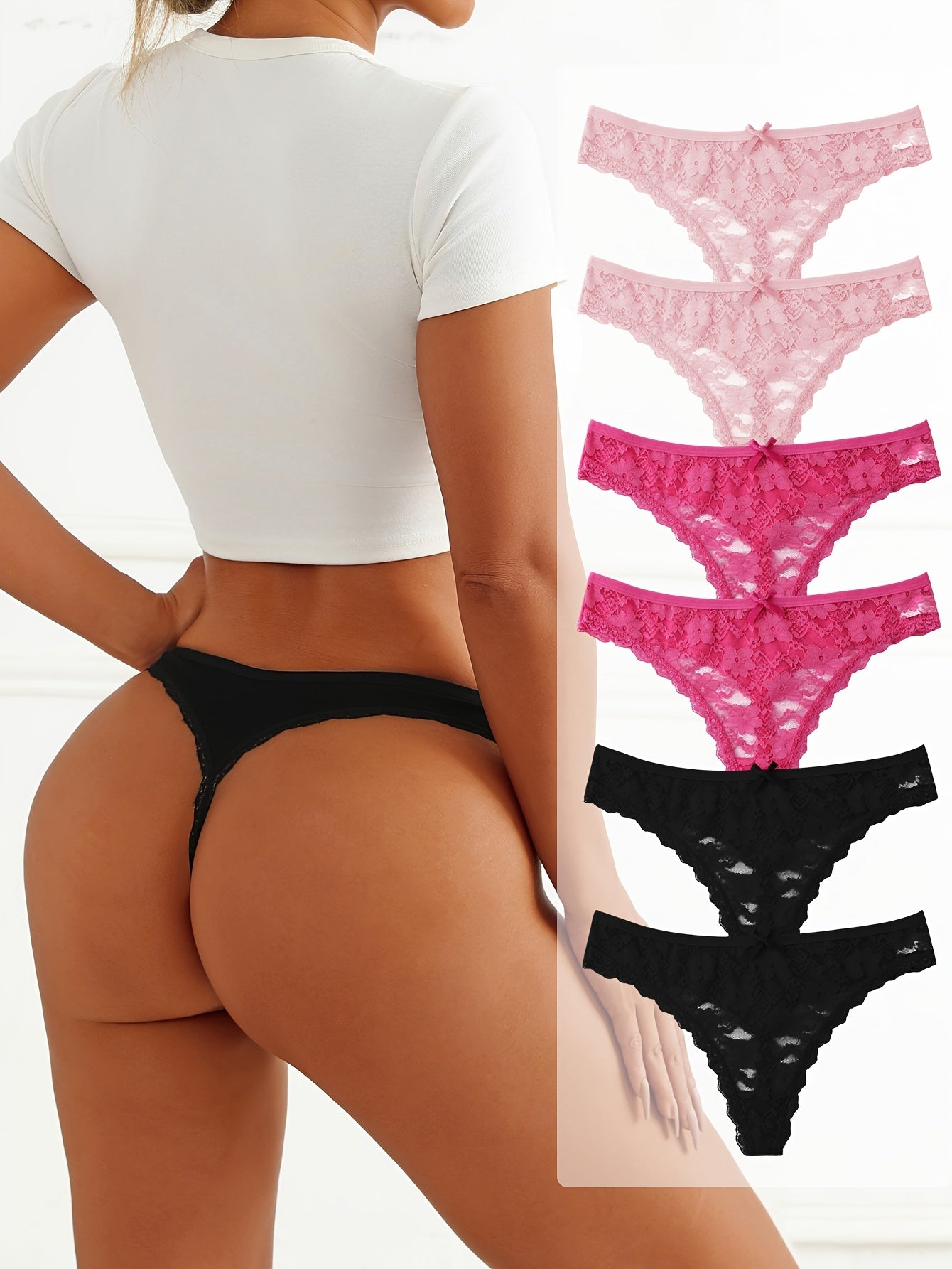 Women's Thongs 6-Pack Floral Lace Low-Rise Breathable Nylon Blend Black Pink White