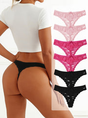 Women's Thongs 6-Pack Floral Lace Low-Rise Breathable Nylon Blend Black Pink White