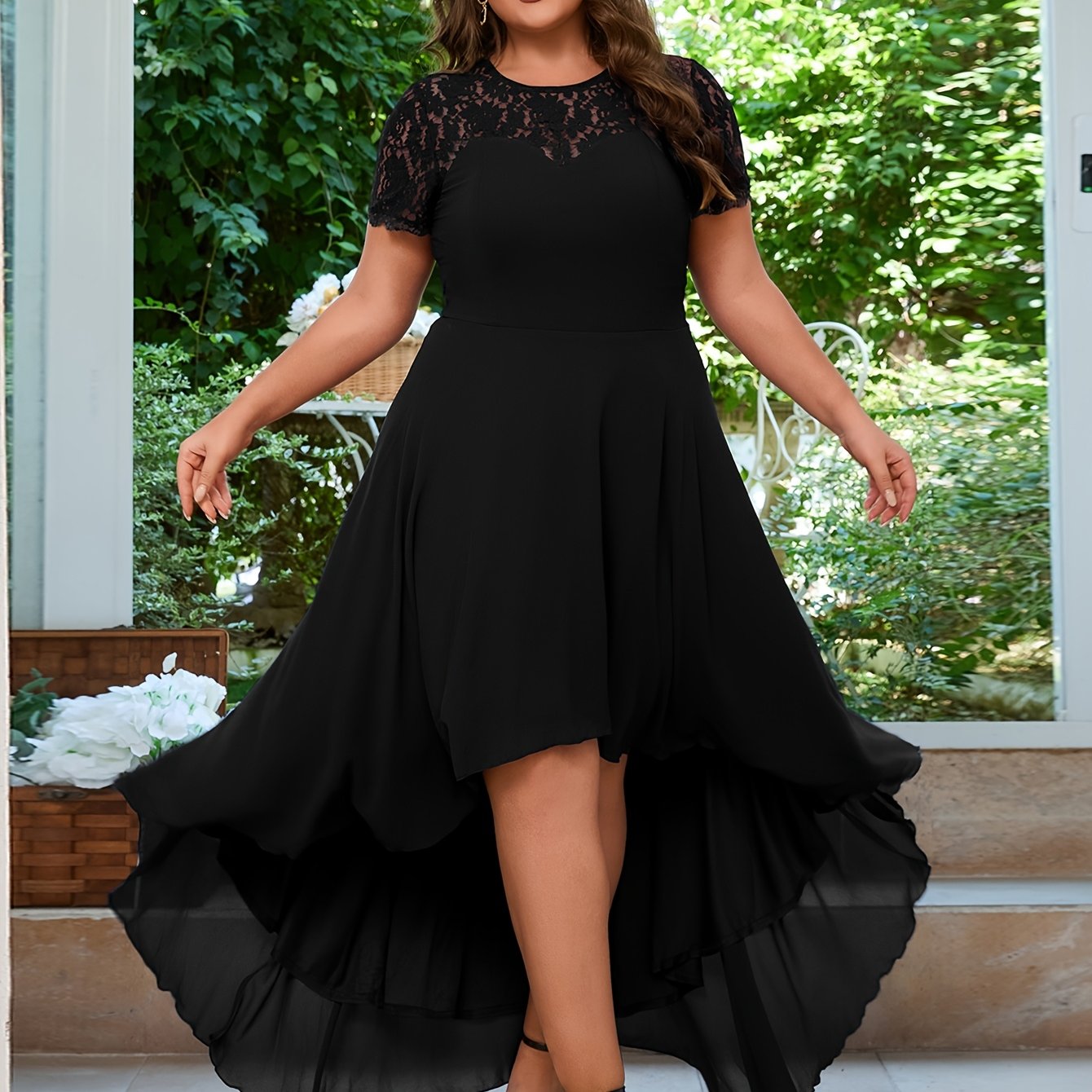 Plus Size Bridesmaid Dress Chiffon Flared Short Sleeve Crew Neck