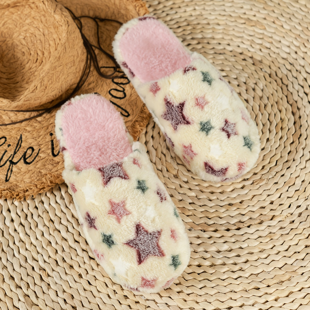 Women’s Plush Star Pattern Slippers Soft Pink Black Indoor Home Shoes