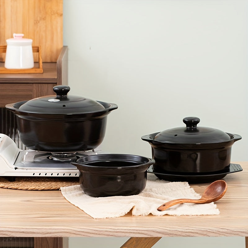 Olla de cerámica negra de 30oz, redonda, para conservar alimentos, resistente al calor, para cocinar