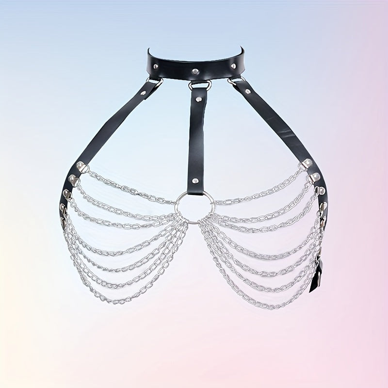 Women's Gothic Chain Belt with Tassels and Hollow PU Leather Chest Cage Bra