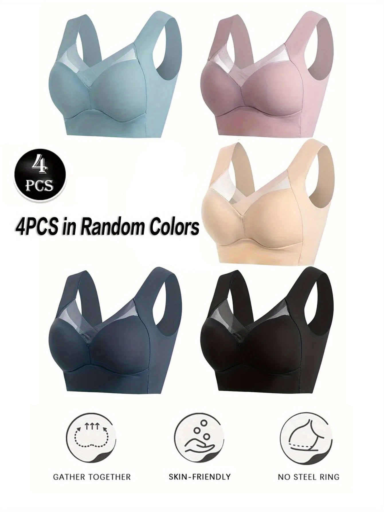 Women Solid Color Cross V-Neck Bras Pack of 4 Breathable Comfortable Mesh Light Blue Pink Beige Black