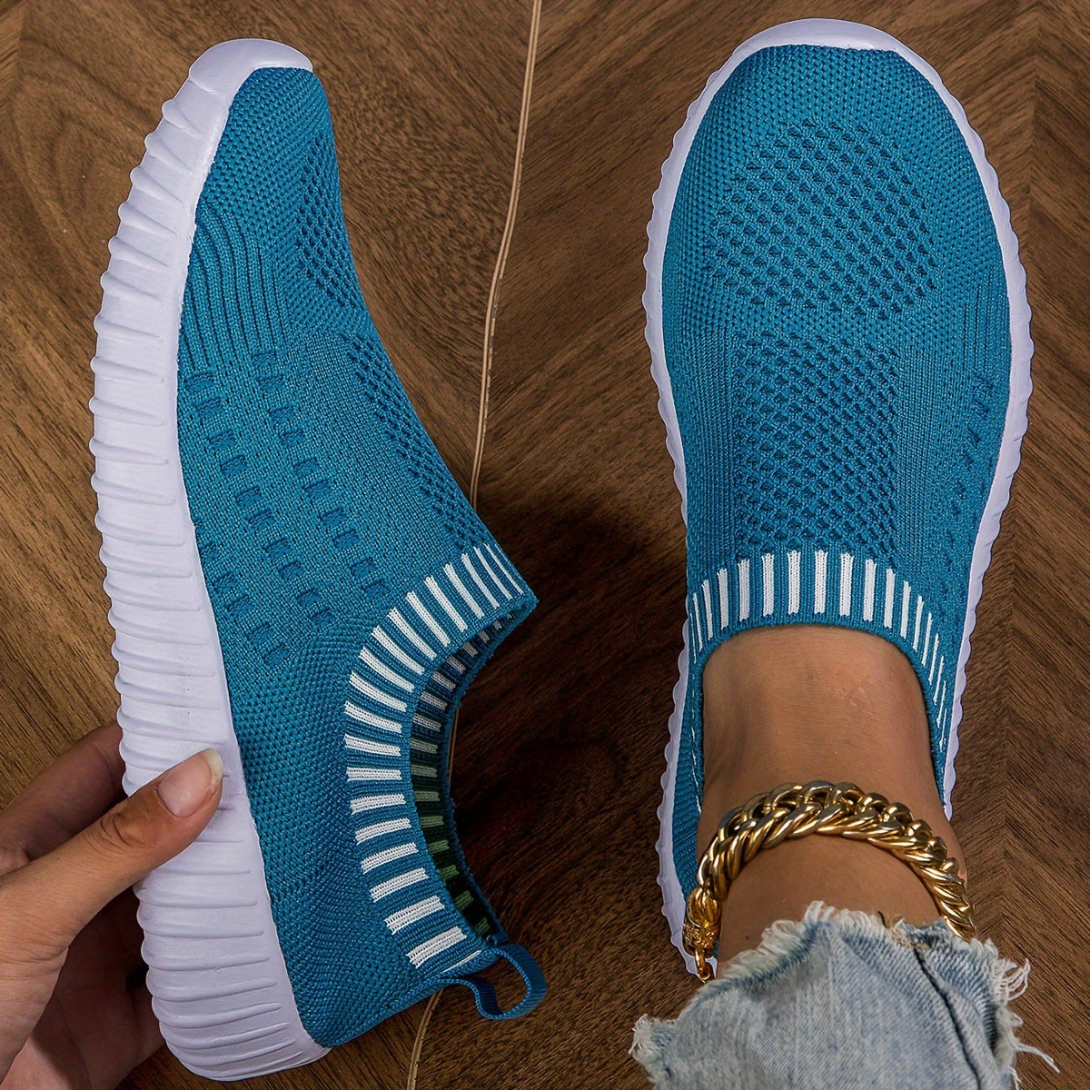 Women's Breathable Slip-On Knitted Sneakers, Casual Plus Size Walking Shoes