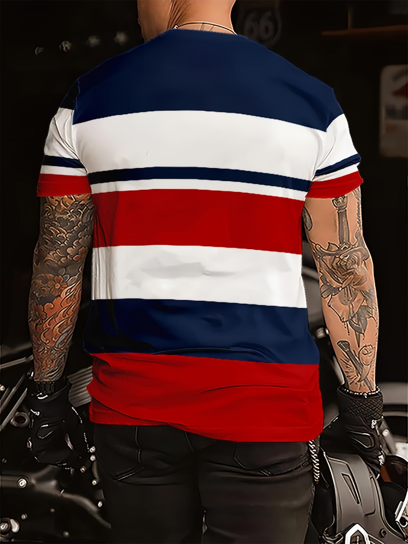 Men's Striped Short Sleeve T-Shirt with Crew Neck Digital Print All-Season Polyester Knit